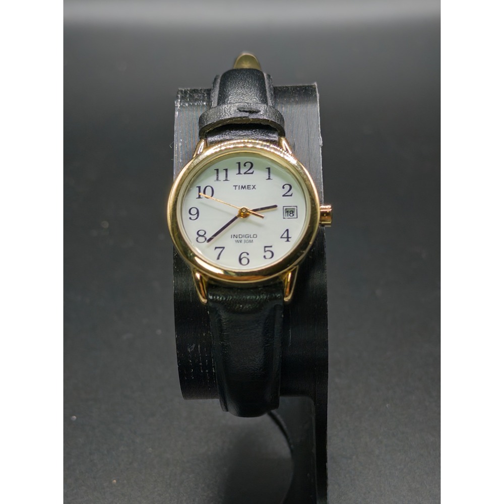 Timex Indiglo Womens Gold Tone Watch Black Leather Strap Date WR 30M